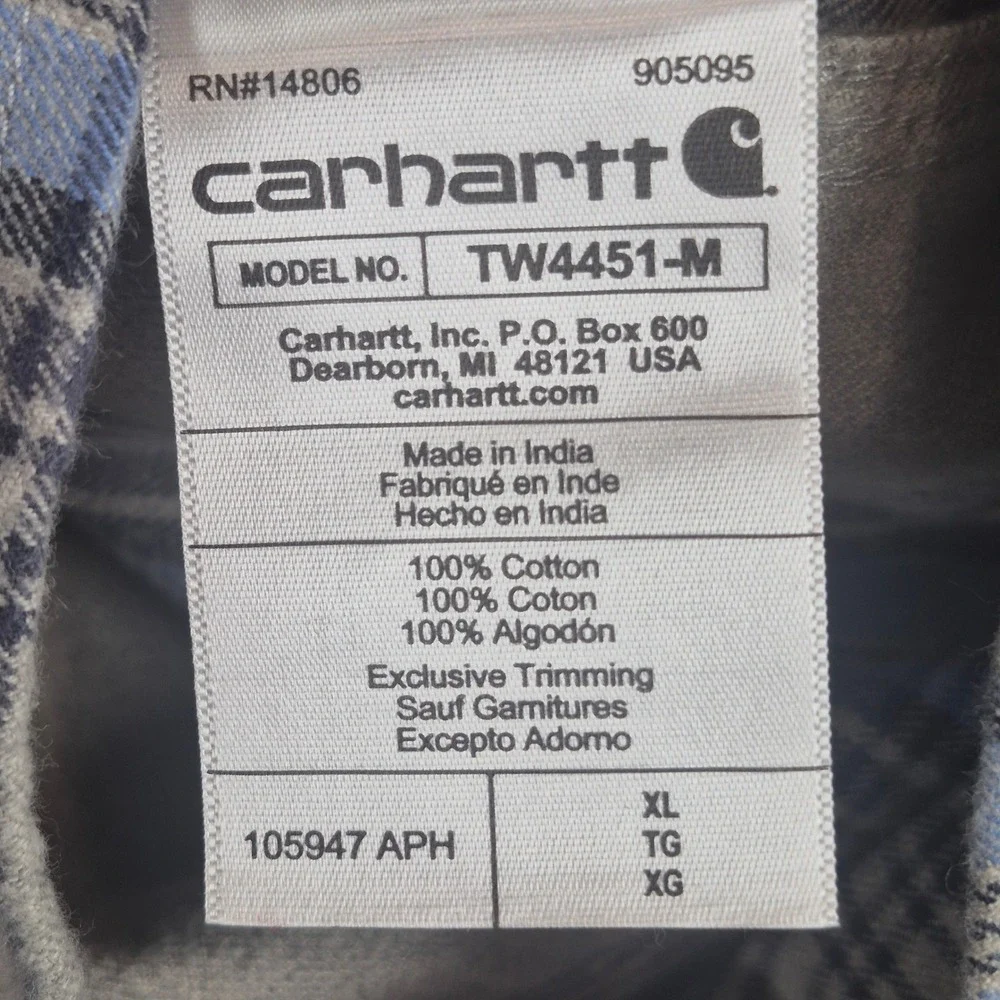 Carhartt Heavyweight Flannel Shirt Mens XL Gray Blue Plaid Loose‎ Fit Cotton